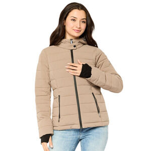 Michael Michael Kors Womens Down Puffer Jacket Coat Large Taupe Hooded Packable